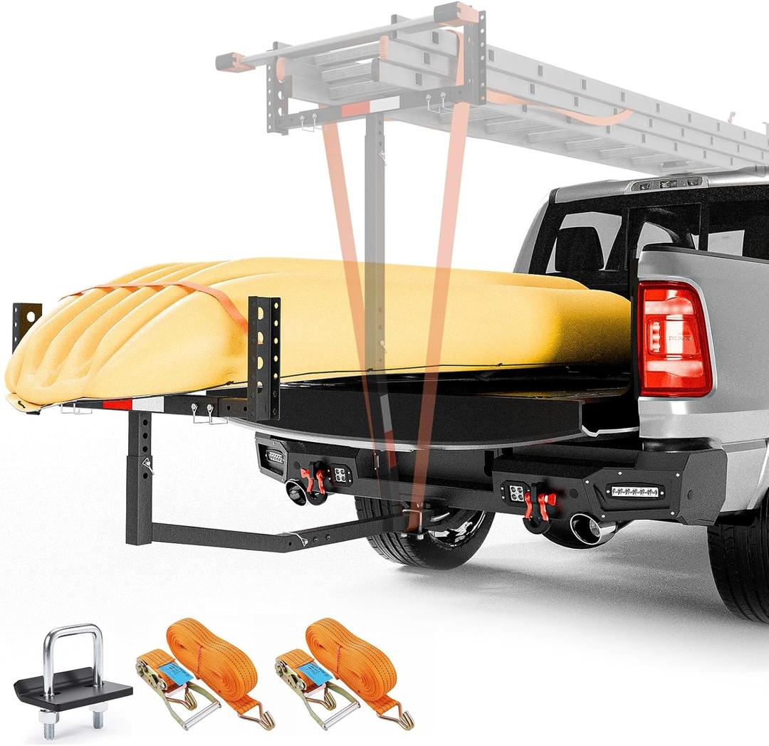Truck Bed Extender Hitch Mount, 2 in 1 Design Foldable Kayak Hitch Extender, 800 lbs Load Capacity Tailgate Hitch Extendsion for Pickup Trucks & SUVs for Kayak Ladder, Canoe, Pipes, Lumber Rack
