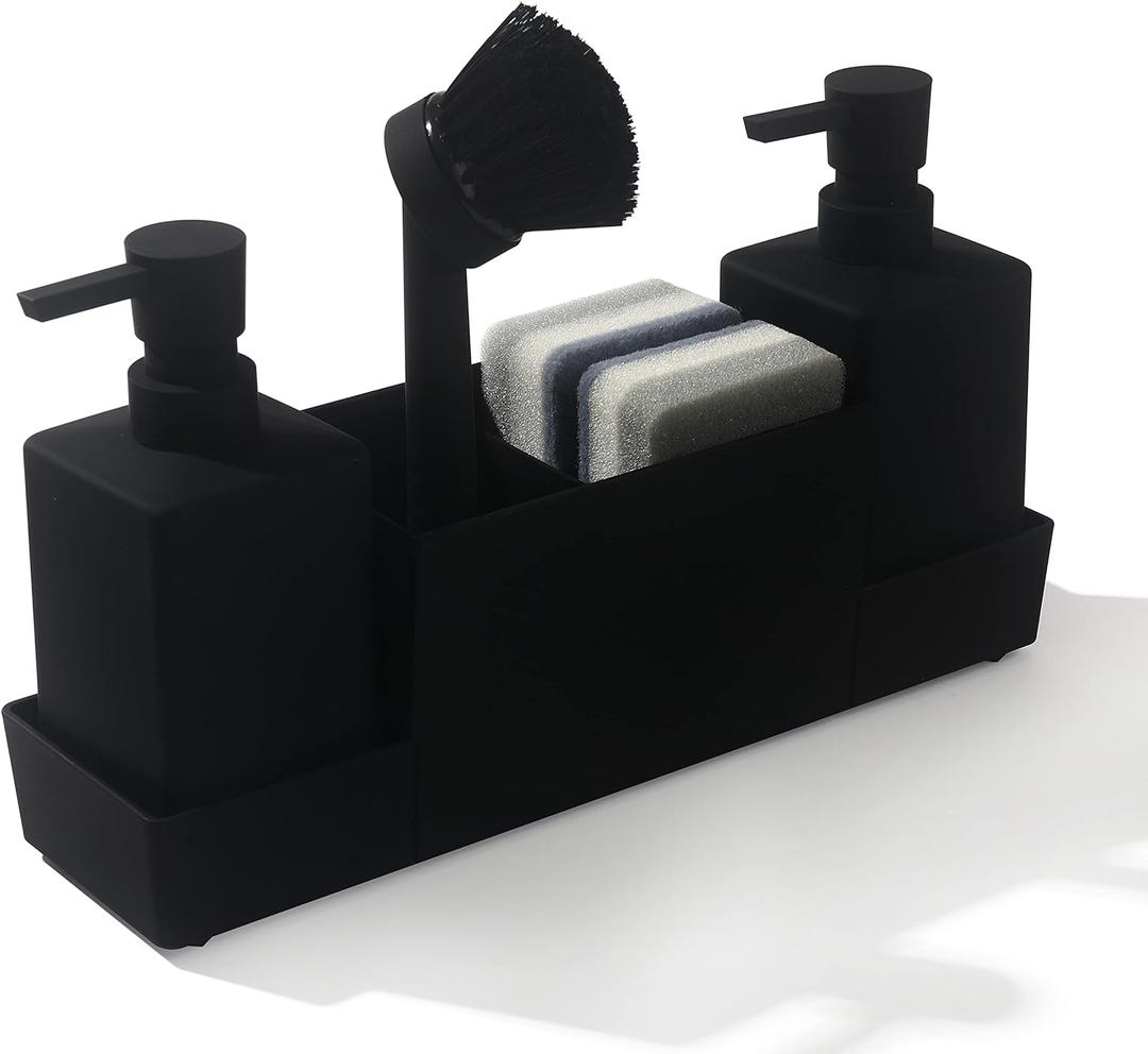 Kitchen Soap Dispenser with Sponge Holder Set for Sink Caddy, Hand Soap and Dish Soap Dispenser with Brush (Black)