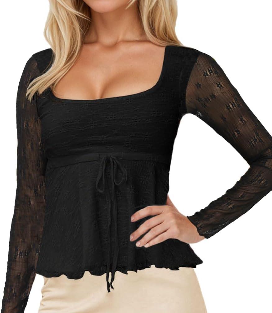 Women Y2k Square Neck Sheer Mesh Ruffle Hem Babydoll Tee Shirt Long Sleeve Lace Up Lettuce Trim Layered Peplum Top, Size Small