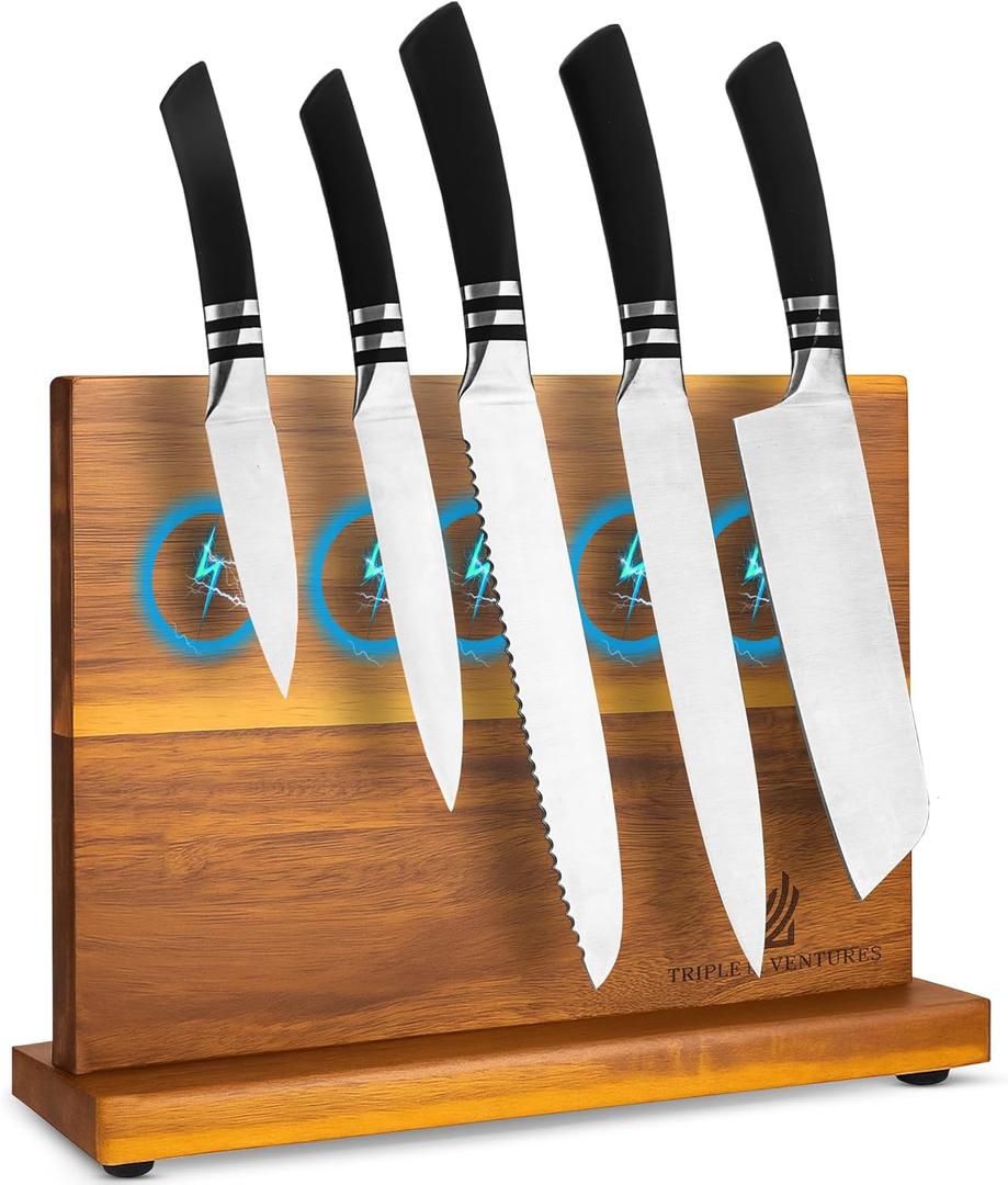 Magnetic Knife Block  Double-Sided Acacia Wood Knife Holder Stand, Strong Magnet Storage for Kitchen Knives & Utensils, Space-Saving Countertop Organizer