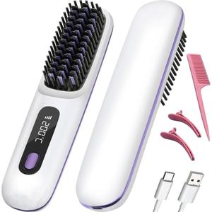 Numoya Go Brush Pro Cordless Hair Straightener Brush Portable Go Travel Hot Comb Mini Negative Ion Straightening Lazy Crimper Rechargeable 15 Minutes Auto Shutoff Gift for Women(White)
