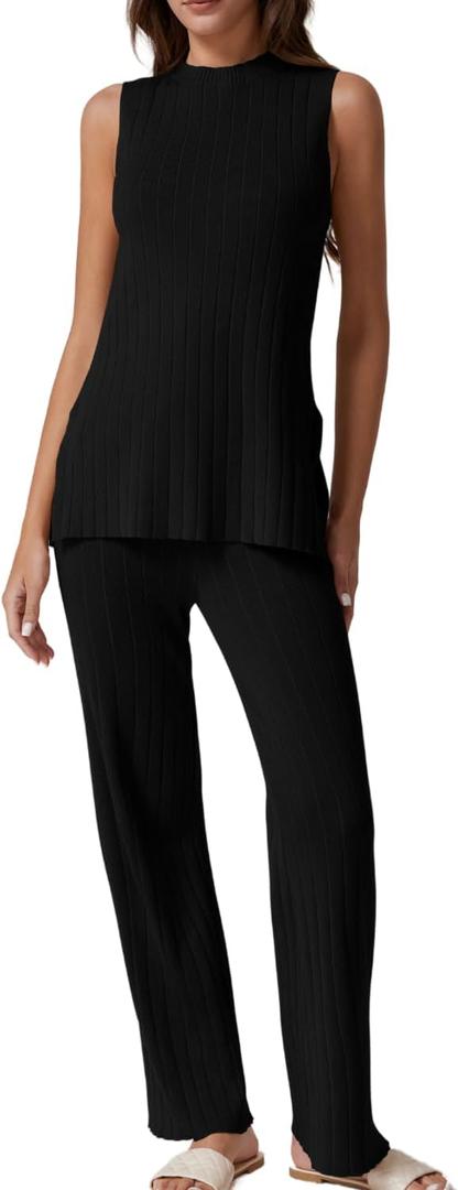 QINSEN Lounge Sets for Women Two Piece Outfits Knit Sleeveless Vented Hemline Tops Wide Leg Pants Sweater Sets (Black, L)