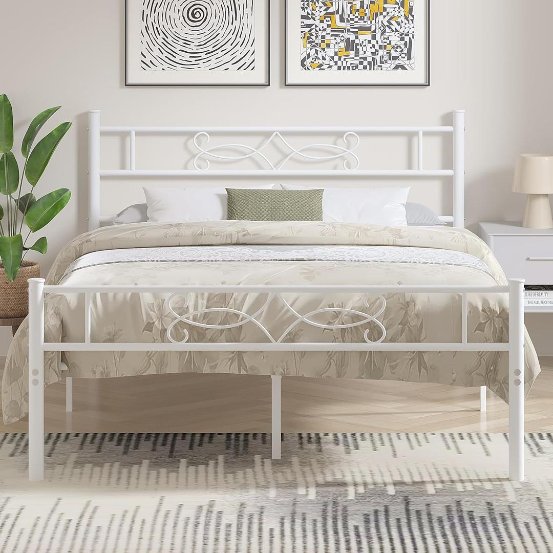 VECELO 14" Queen Size White Metal Platform Bed Frame with Headboard,Premium Steel Slat Support/No Box Spring Needed/Noise-Free/Easy Assembly