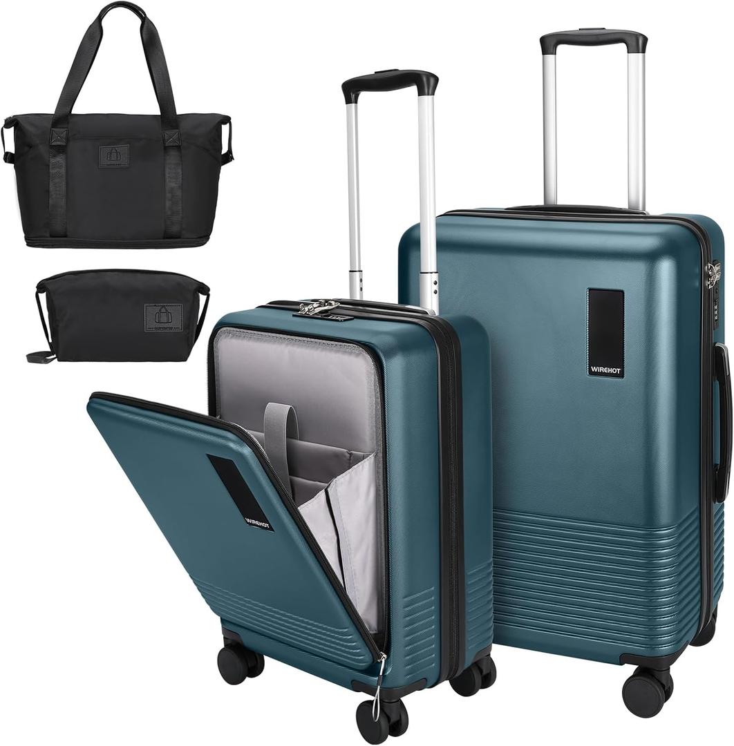 2 Piece Luggage Sets with Spinner Wheels Front Open Pocket, ABS+PC Suitcase with TSA Lock & YKK Zipper, Carry On 20/24 inch Medium +Toiletry Bag+Handbag, Teal Blue
