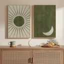 Framed Green Boho Wall Art Bedroom, Set of 2 Abstract Mid Century Modern Sun and Moon Canvas Artwork for Walls, Bohemian Paintings Prints Pictures Wall Decor Living Room Home Office, 16x24 Inch