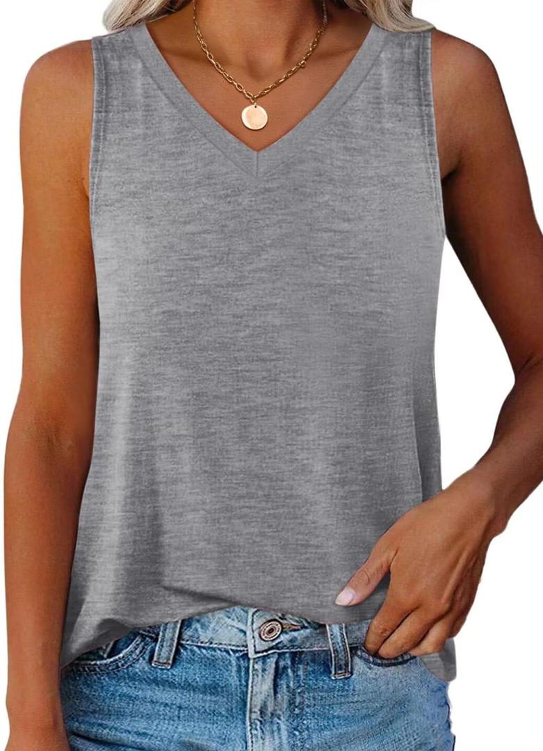 Women's V Neck Curved Hem Tank Tops Summer Basic Sleeveless Loose Fit Tunic Tops 2025 Grey, 2XL