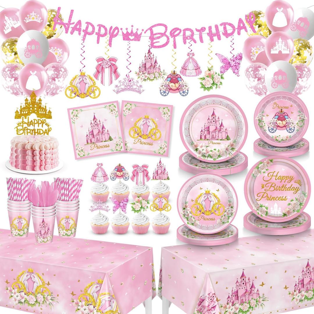 Princess Birthday Party Decorations, 278Pcs Princess Party Girls Decorations Set Includes Prin cess Plates Napkins Cups Tablecloth Serve 24, Shoulder Strap Crown, Banner garland cake Toppers Balloons