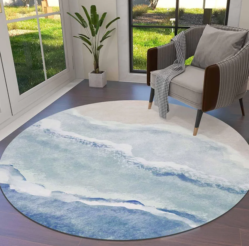 DecorLovee Navy Blue Summer Beach Round Area Rugs 4ft - Soft Area Rug for Kids Room, Coastal Nautical Ocean Seaside Washable Living Room Circle Rugs, Non-Shedding Residential Bedroom Carpet Floor Mat