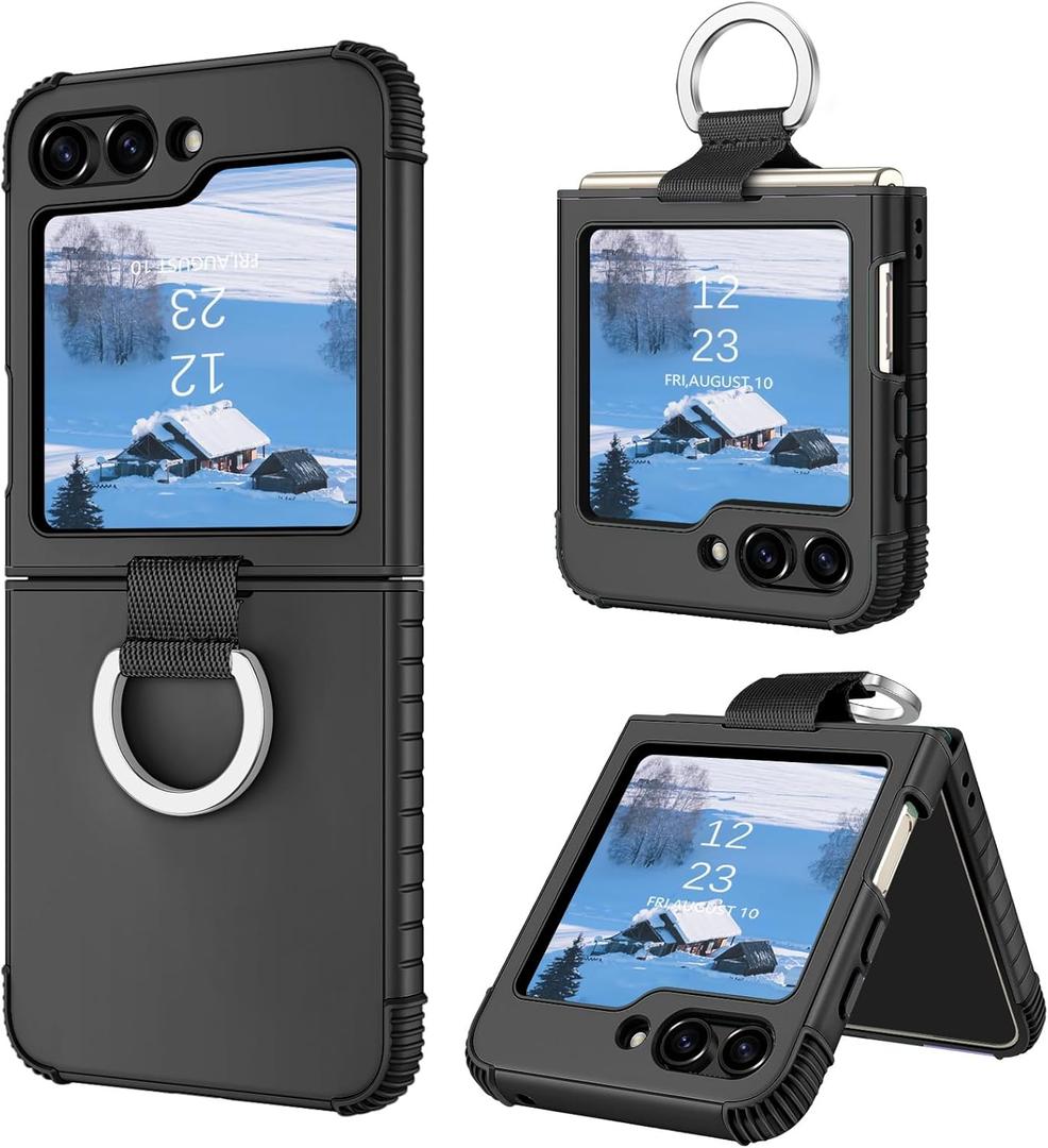 GaoBao for Samsung Galaxy Z Flip 5 5G - Heavy Duty 2 in 1 Full Body Rugged Shockproof Protective Case with Ring - Black