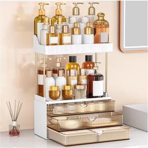 Bathroom Organizers and Storage - 3 Drawers 2 Tier Makeup Organizer, Cosmetic Storage Drawer for Dresser Countertop and Bathroom Vanity for Large Skincare, Perfume, Amber (1 PACK)