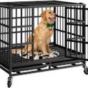37 Inch Heavy Duty Dog Crate with Wheels,Indestructible Escape-Proof Dog Kennel with Locking Latch and Double Door,Extra Large XL XXL Crate Indoor for Large and Medium Dog with Removable Tray
