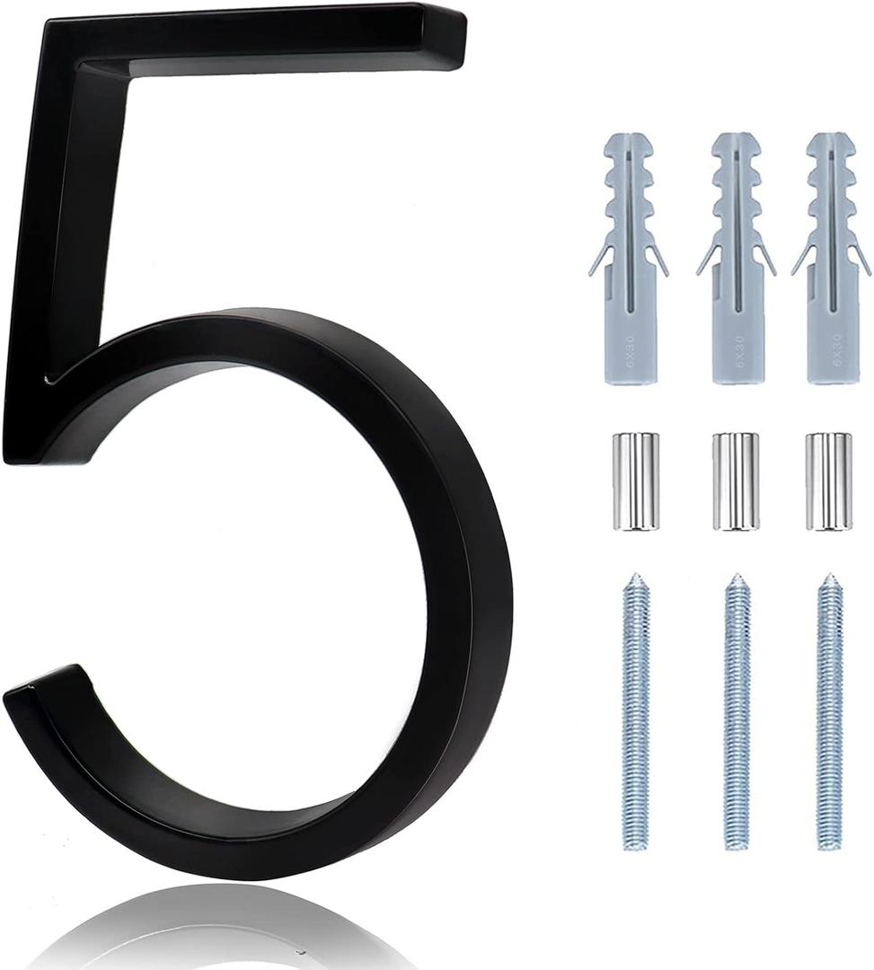 Numbers For Address On House - 5 Inch Floating House Numbers With Nail Kit And Instructions Easy To Install, High Gloss Black Number 5