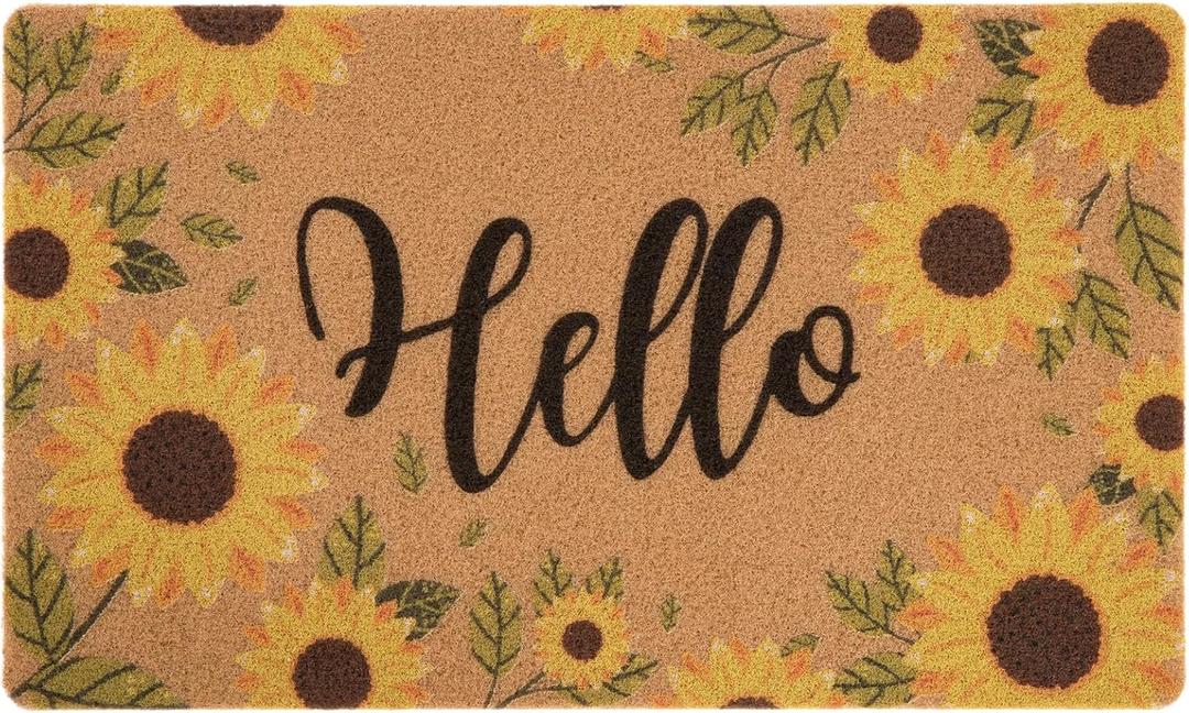 Asrug Hello Sunflower Door Mat for Front Door 17"x30", Door Mat for Indoor & Outdoor Entrance, Floral Spring Doormat with Non Slip Backing,Coir Welcome Doormat for Entryway Patio Porch
