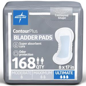 Medline ContourPlus Bladder Pads, Women & Men, Discreet, Long Length, Incontinence, Overnight, Postpartum, Leaks, Ultimate Absorbency, 8x17, 168-Count