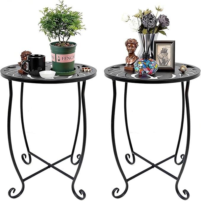 Kaesithar 2 Pack 15 Inch Tall Plant Stands Outdoor Indoor, Metal Side Tables for Patio, Weather Resistant Flower Pot Racks with Swirl Pattern, Black End Table Set for Garden Balcony