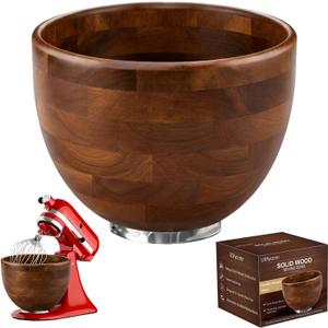 Wood Mixing Bowl Suitable for 4.5-5 QT Tilt-Head Stand Mixers - Natural Wooden Kitchen Accessory - Fits K45 KSM150 Series Natural Wood Mixing Bowl with Steel Locking Base