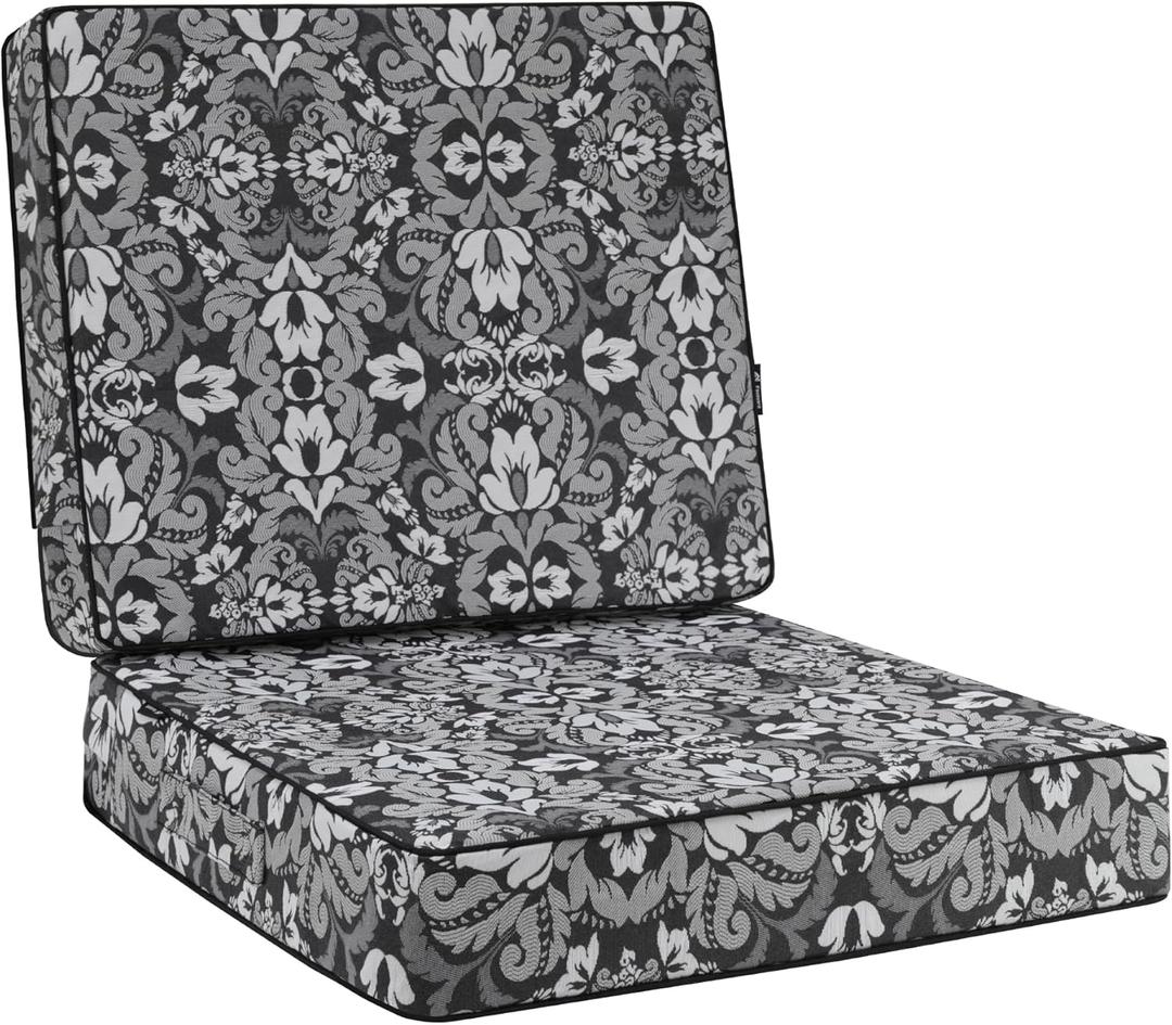 Favoyard Deep Seat Patio Cushion 24 x 24 x 4 in Waterproof Seat & Back Cushion Set with Color Fade Resisitant Pattern, Portable Handle, Attach Straps, Zipper on Removable Cover for Outdoor Furniture (Grey Floral)