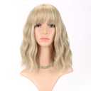 FAELBATY Blonde Wave Short Bob Wigs With Air Bangs Shoulder Length Wig For Women and Girls Curly Wavy Synthetic Cosplay Costume Wig (12" Mix Blonde and Gold)