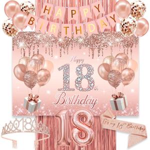 18th Birthday Decorations for Girls,rose gold happy birthday banner,happy 18th birthday Backdrop, its my 18th Birthday Sash, Sweet Rhinestone Tiara Crown,18th Balloons, Rose Gold