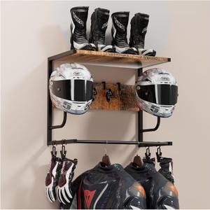 Motorcycle Helmet Holder Wall Mounted, Helmet Rack Wall Mount with Helmet Rack, 4 Glove Chips and 4 hooks, Rustic Helmets Holder and Motorcycle Helmets Racks for Most of Helmet and Clothes (Retro)