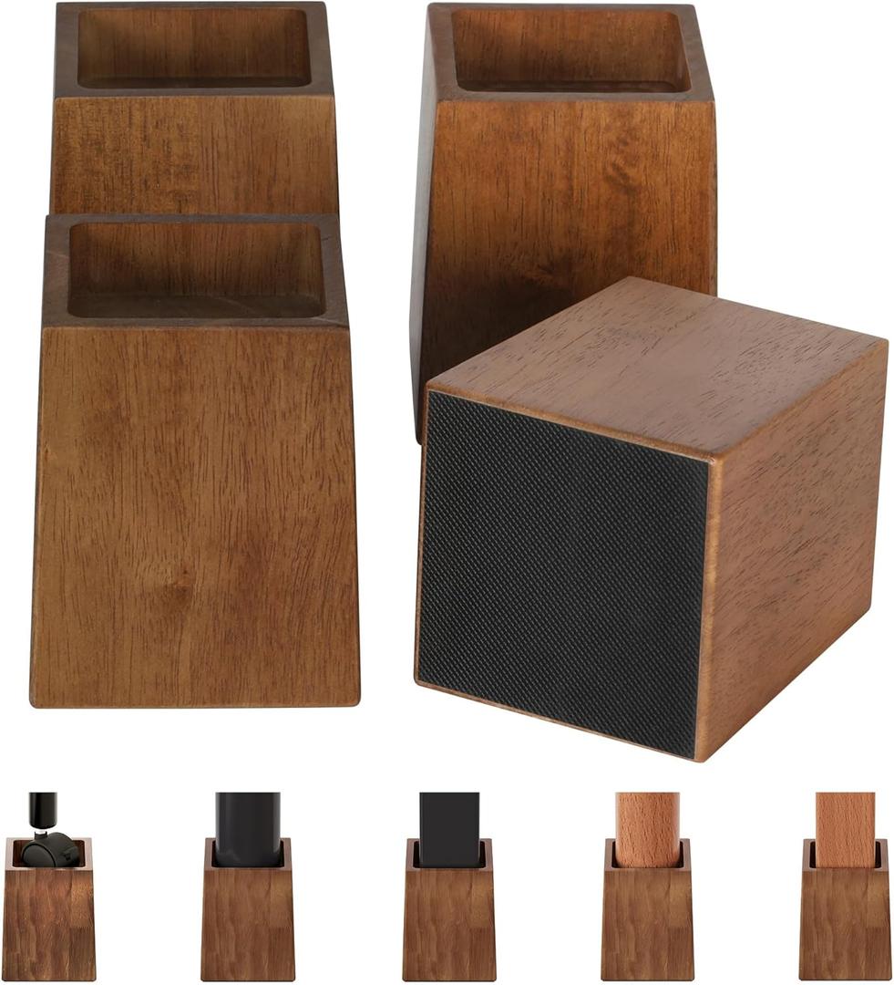 TQVAI Bed Risers Heavy Duty, Support 2200 lbs, 1-in Deep Anti-Fall Edge, 4 Pack Wooden Furniture Bed Lifts Risers with Non-Slip Pads for King Queen Twin Full Size Frame, Retro Brown, 5" H(Inner 4" H)
