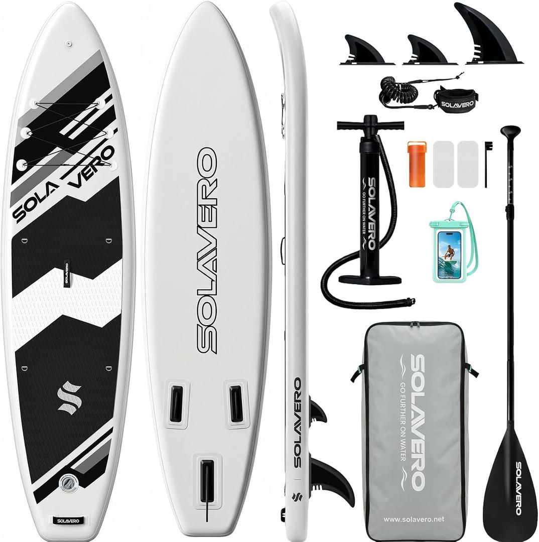 SOLAVERO Stand Up Paddle Board, 11 Inflatable SUP Supports 500LB - Wide Stable Board with Non-Slip EVA Deck for Adults & Youth of All Skill Levels
