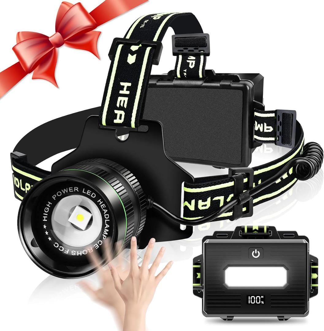 Rechargeable Headlamp, 5000 Lumens LED Super Bright Headlight with Motion Sensor, 5 Modes Zoomable Head Lamp, 180° Adjustable, IPX6 Waterproof for Camping, Running, Climbing, Hiking