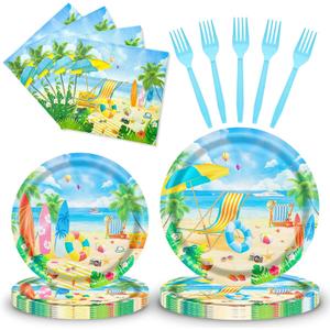 96 Pieces Summer Beach Plates and Napkins Set, Tropical Disposable Tableware with Paper Plates Napkins and Forks for Pool Party Luau Birthday Picnic, Serves 24