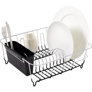 Sweet Home Collection 2 Piece Dish Drying Rack Set Drainer with Utensil Holder Simple Easy to Use Fits in Most Sinks, 14.5" x 13" x 5.25", Black