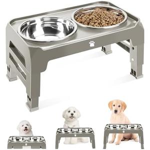 Elevated Dog Bowls 3 Height Adjustable Raised Bowl Stand with 25oz Stainless Steel Dog Food Bowls Anti-Slip for Small Dogs Adjusts to 7.5", 6", 2.75", Grey