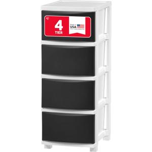 IRIS USA Plastic Drawer Storage Organizer, 4-Drawers, for Classroom Art Supplies Bathroom Dorm Bedroom Laundry Room, Slim Narrow, White Frame with Matte Black Front Panels