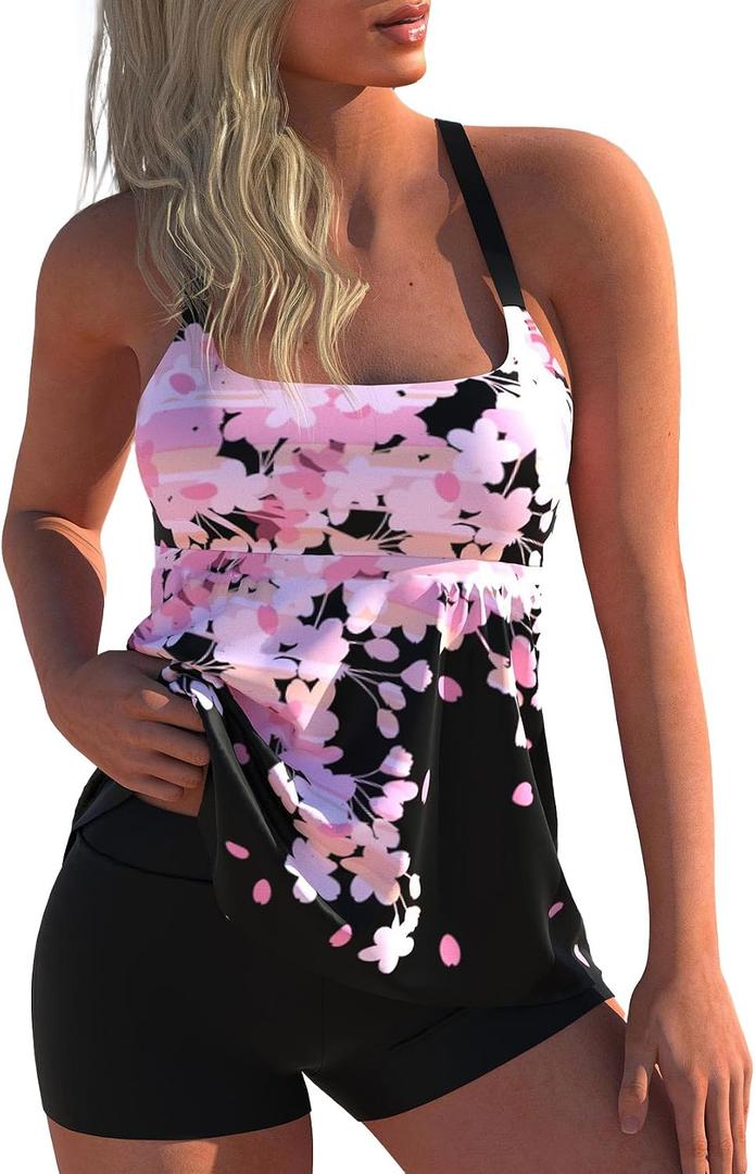 MODLILY Two Piece Tankini Swimsuits for Women, Modest Coverage Print Bathing Suits, A-line Tank Top with Boyshorts (Black, M)