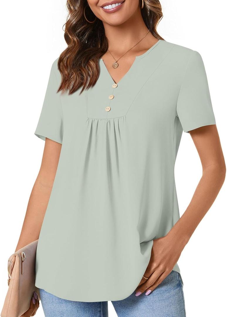 Anydeer Womens Short Sleeve Summer Tunic Tops Dressy Chiffon Blouse Henley Shirts 2025 Casual Pullover (Green, M)