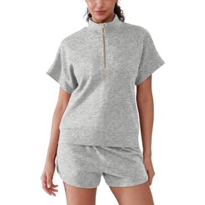 Shorts Sweat Set for Women Cotton Half Zip Short Sleeve Top and Drawstring Shorts - Soft Comfy 2 Piece Lounge Set M