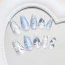 Medium Press on Nails Almond Shaped Fake Nails with Designs 3D Rhinestone Gel Glue on Nails Bow False Nails Pearl Acrylic Nails Sliver Lines Artificial Nails Glossy Stick on Nails for Women