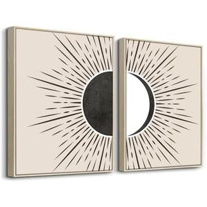 SERIMINO Black and White Wall Art Framed, Boho Canvas Wall Art for Living Room, Set of 2 Sun and Moon Painting Prints for Bedroom Decor Aesthetic,16 x24 inch