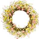 22 Inch Classic Easter Wreath, Eggs Wreath for Front Door with Pink Yellow White Wildflowers and Berries Spring Summer Door Wreath for Outside Porch, Farmhouse Easter Home Decor