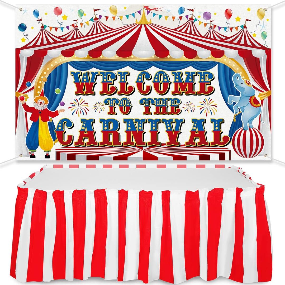 Macarrie Halloween Carnival Circus Party Decorations 71 x 43 Inch Trunk or Treat Car Decorations Carnival Backdrop Welcome Banner & Red White Striped Table Skirt Set for Circus Theme Party Supplies