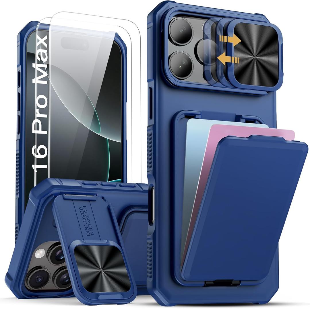 SSLOTSCASE for iPhone 16 Pro Max Case with 2X Screen Protector, Stand & Credit Card Holder & Sliding Camera Cover, Full-Body Drop Proof Silicone Edge Protective Case Cover for iPhone 16 Pro Max, Blue