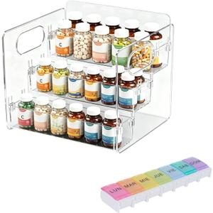 3-Tier Vitamin Storage Organizer with 7-Day Pill Box, Holder for Vitamin Bottles & Medicine Bottle,Supplement Rack for Cabinet Countertop Bathroom Kitchen Pantry, Includes Weekly Pill Organizer