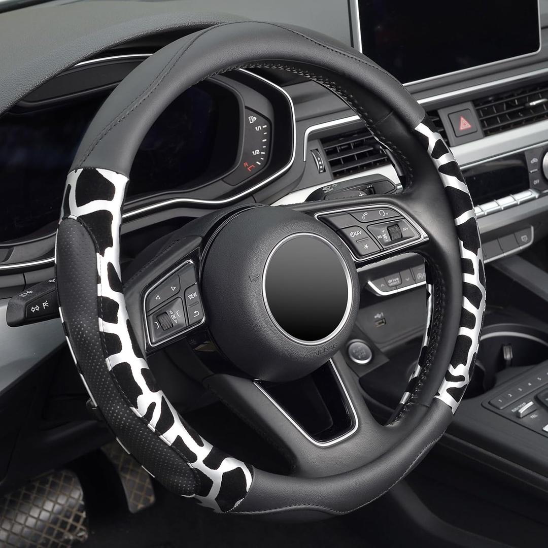 ZHOL Car Steering Wheel Cover, Universal 15 inch Breathable Microfiber Leather Steering Wheel Protector, Anti Slip Car Interior Accessories, Black&Silver (Black&Silver)