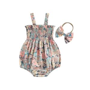 Infant Baby Girl Summer Outfit Clothes Sleeveless Smocked Cotton Linen Romper with Headband