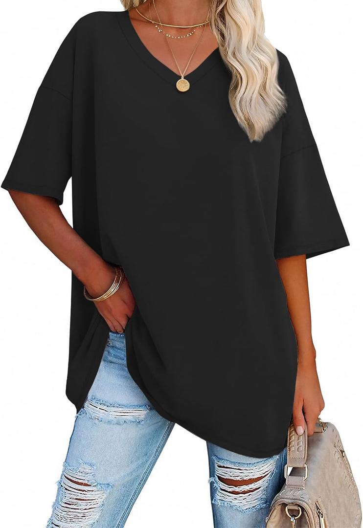 ATHMILE Womens Summer Oversized Shirts V Neck Plus Size Spring Workout Tops Beach Vacation 2025 Gym Clothes (Small, Black)