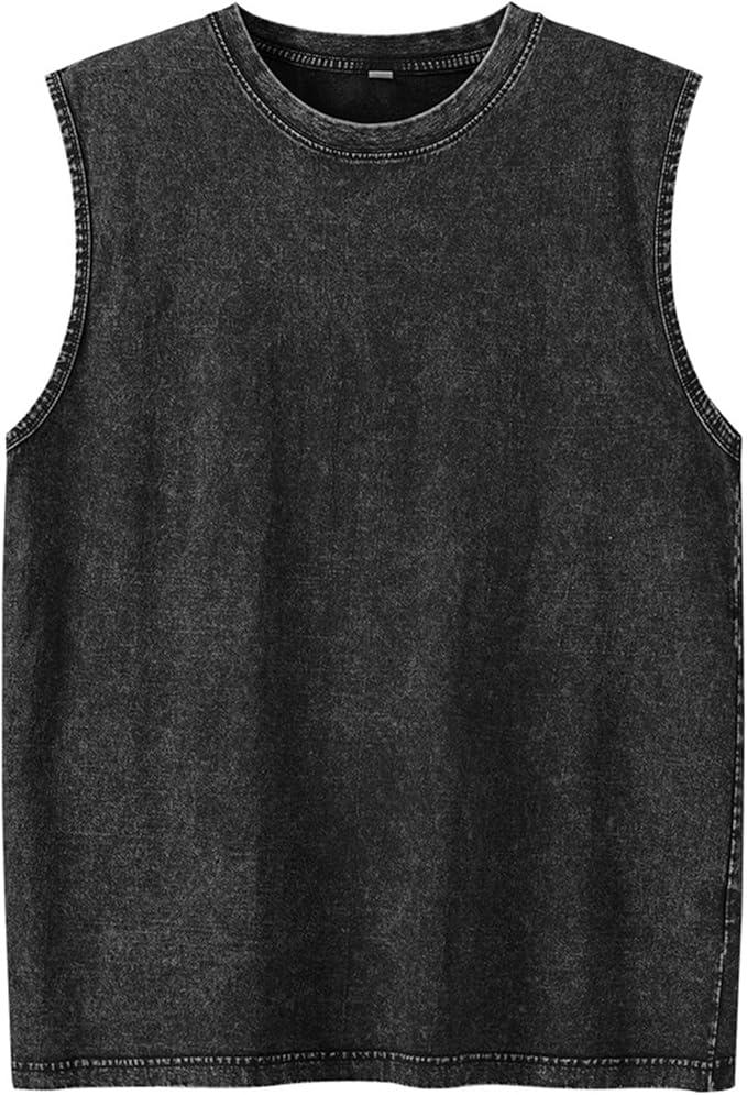 Distressed Washed Cotton Tank Top 230G Streetwear Muscle Tee for Teens  XL Black