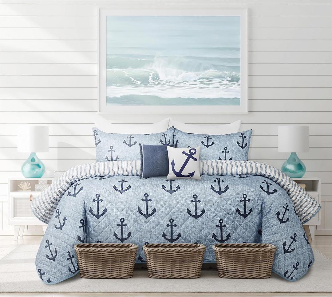 Quilts for Double Queen Bed Blue Anchors Bedspreads Soft Bed Summer Quilt Lightweight Microfiber Bedspread-Modern Style Pattern Coverlet for All Season - 3 Piece (1 Quilt, 2 Pillow Shams)