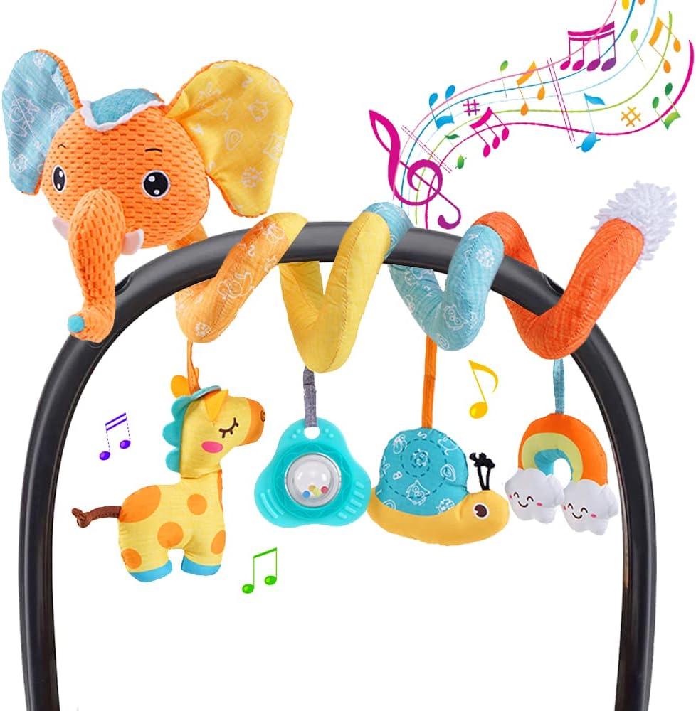 willway Car seat Hanging Toys, Baby Spiral Activity Plush Stroller Toys Baby Rattle Sensory Toys for Crib Mobile Bassinet with Music Box BB Squeaker Rattles, Infant Toys for 0 6 12 Months Gifts (Orange)