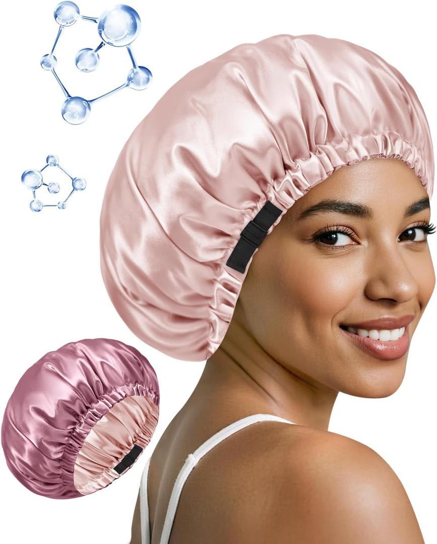 10 x BONNET QUEEN Silk Bonnet for Sleeping Hyaluronic Acid Satin Bonnet, Double Layer Hair Wrap for Curly Hair Women Sleep Cap (Cream Pink & Rose Gold)