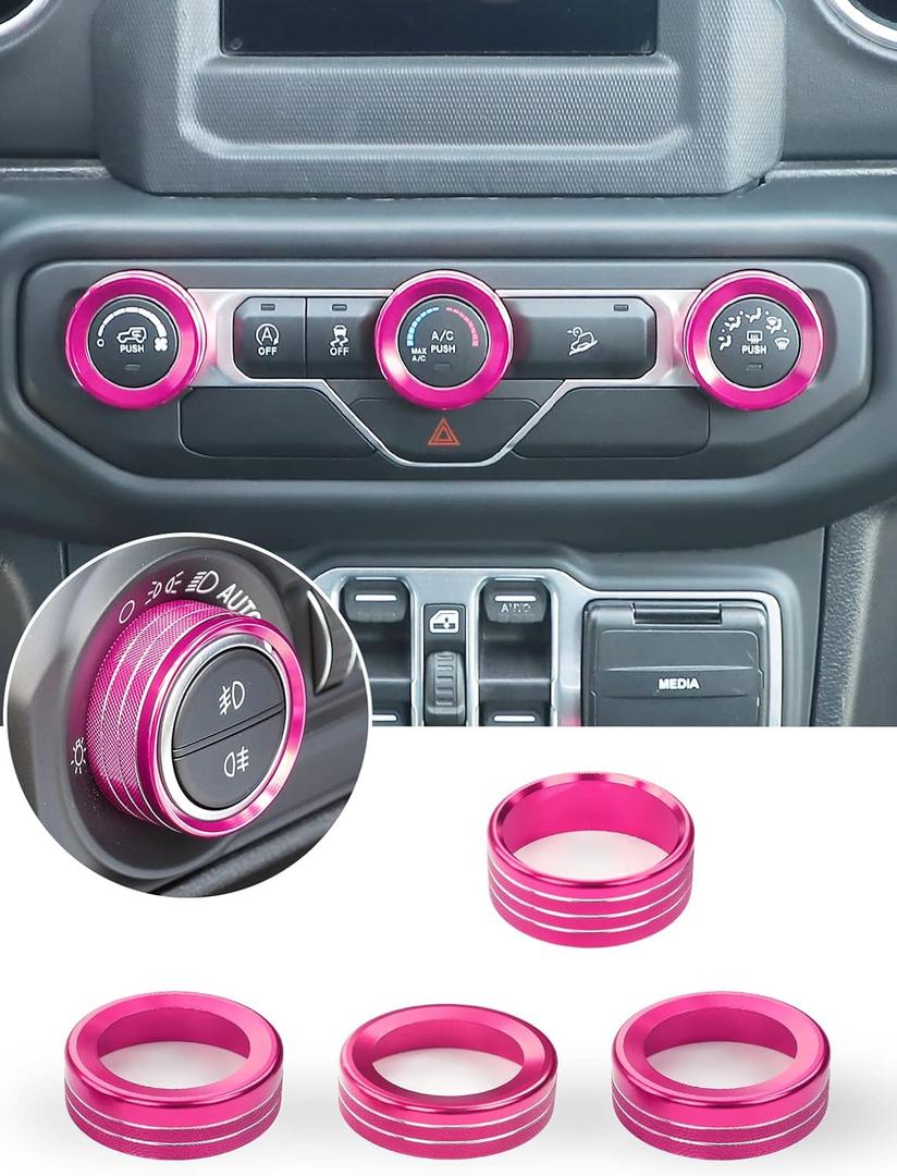 Savadicar HVAC Climate Control Panel Knob Trim Kit & Light Control Switch Cover, Air Conditioner Knob Aluminum Alloy Ring for 2018-2024 Jeep Wrangler JL JLU & Gladiator JT, Interior Accessories, Pink