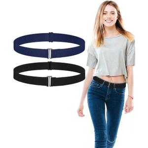 SATINIOR 2 Pack Women Elastic Stretch Belt Invisible Belts with Flat Buckle for Jeans Pants Dresses (Black, Dark Blue)