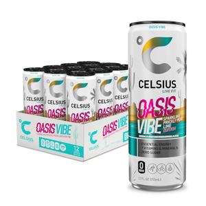 CELSIUS OASIS VIBE Sparkling Prickly Pear Lime, Sugar Free Energy Drink, 12 Fl Oz (Pack of 12) (EXP 02/01/27)